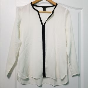 Ann Taylor Petite White & Black Long Sleeve Blouse
